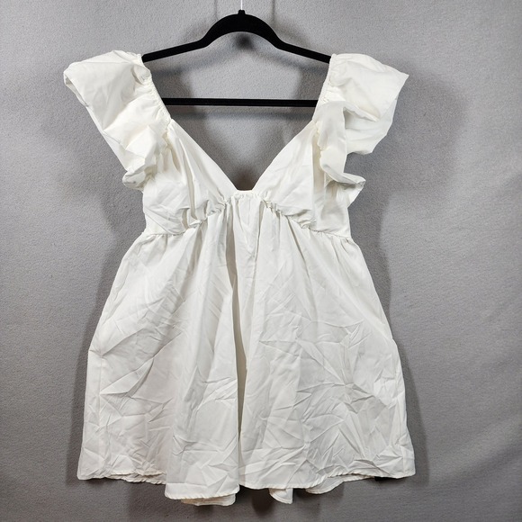 SHEIN Dresses & Skirts - SHEIN X Dress Womens Large White Ruffle Sleeve Tie Back Mini Babydoll Style